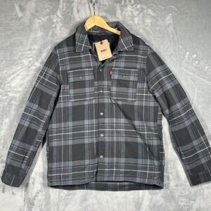 Levi's Quilted Lined Snap Zip Flannel Shacket Mens Large L Gray Plaid Jacket